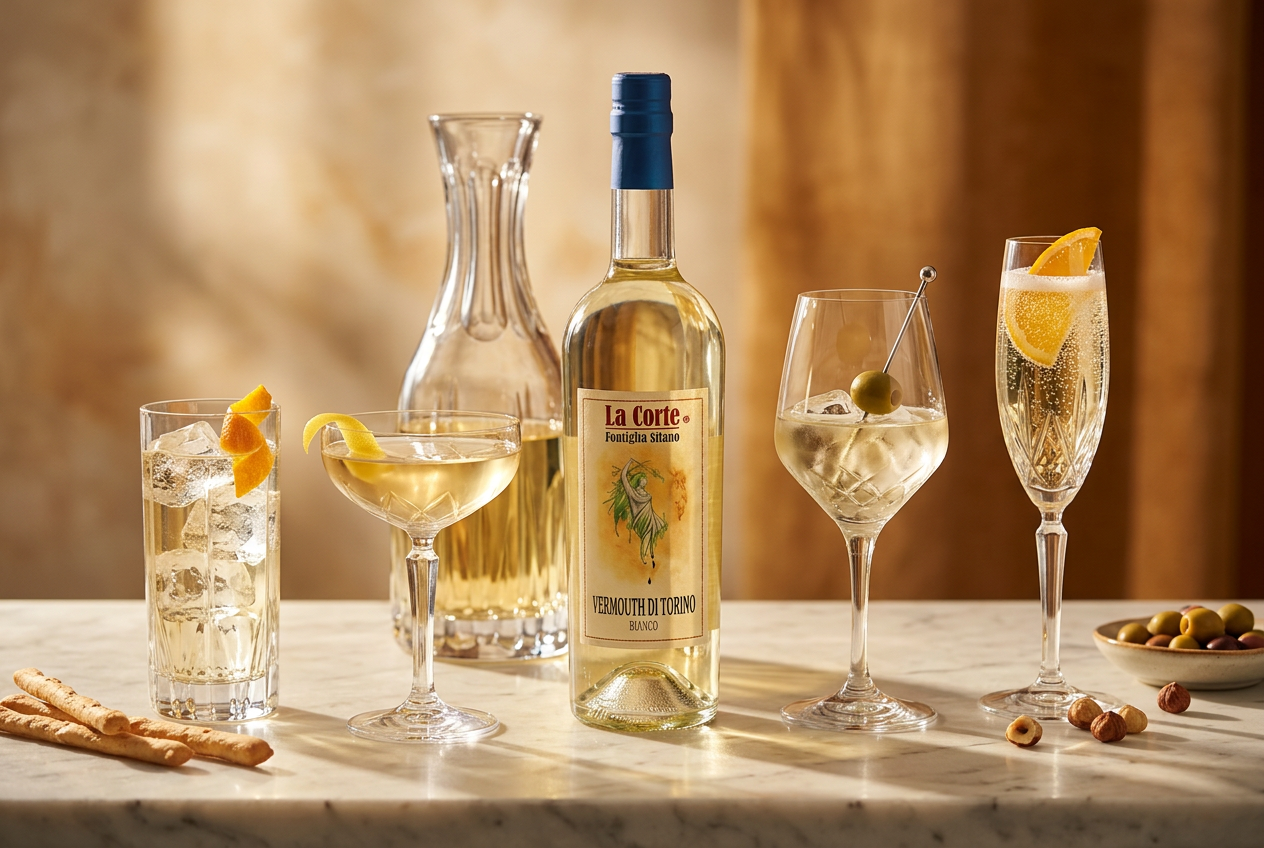 Fyra cocktailvarianter med La Corte Vermouth di Torino Bianco i svenskt kristallglas – highball, coupe, vinglas och champagneflöjt – med karaff